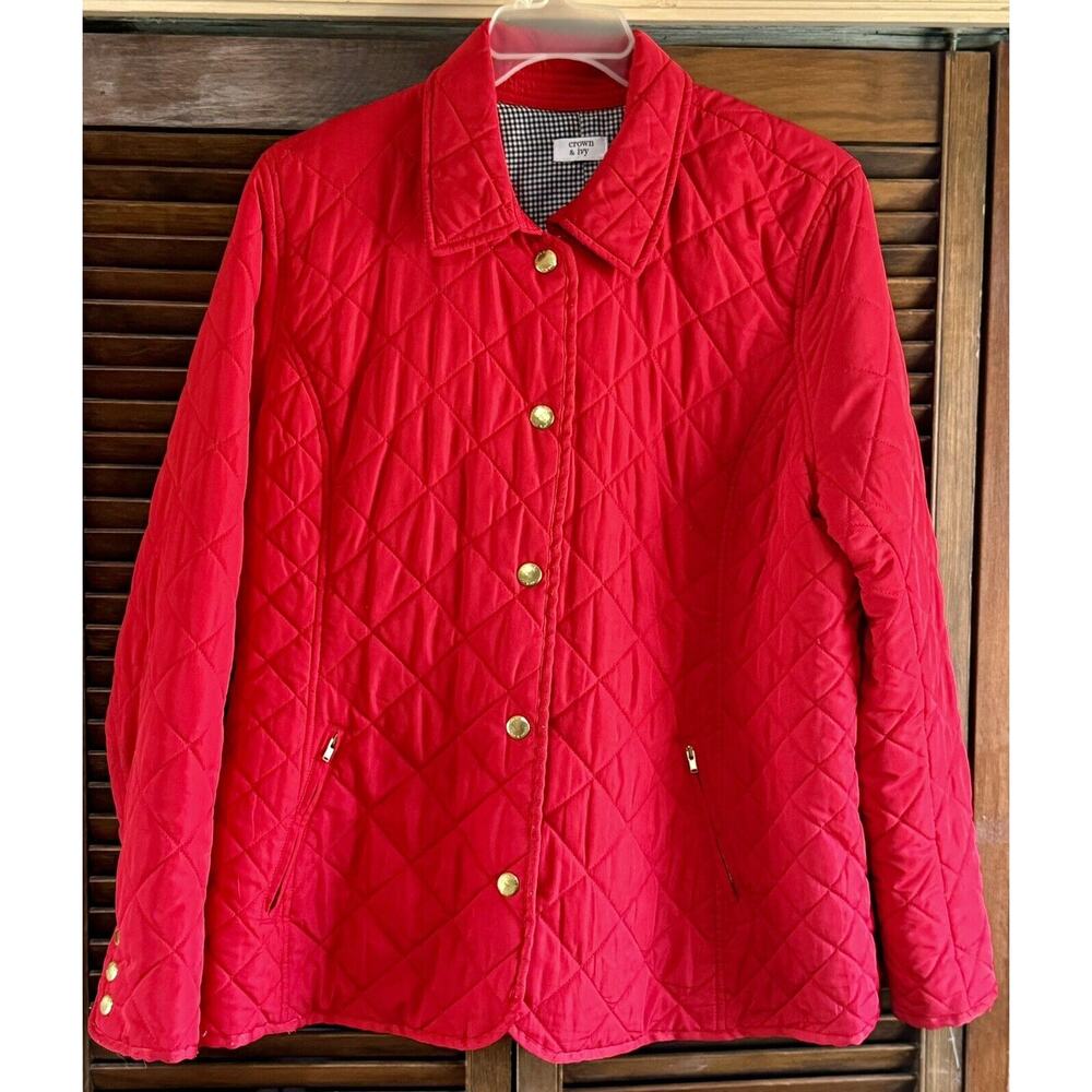Ladies Crown & Ivy Red Long Sleeve Snap Up Quilted Ltwt Jacket Sz Large sku 945